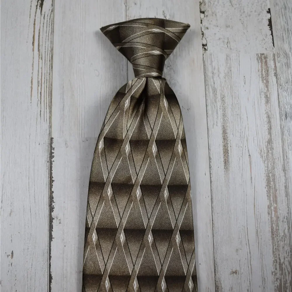 Men's Clip On Neck Tie Dark Beige Diamond Pattern Men's 19